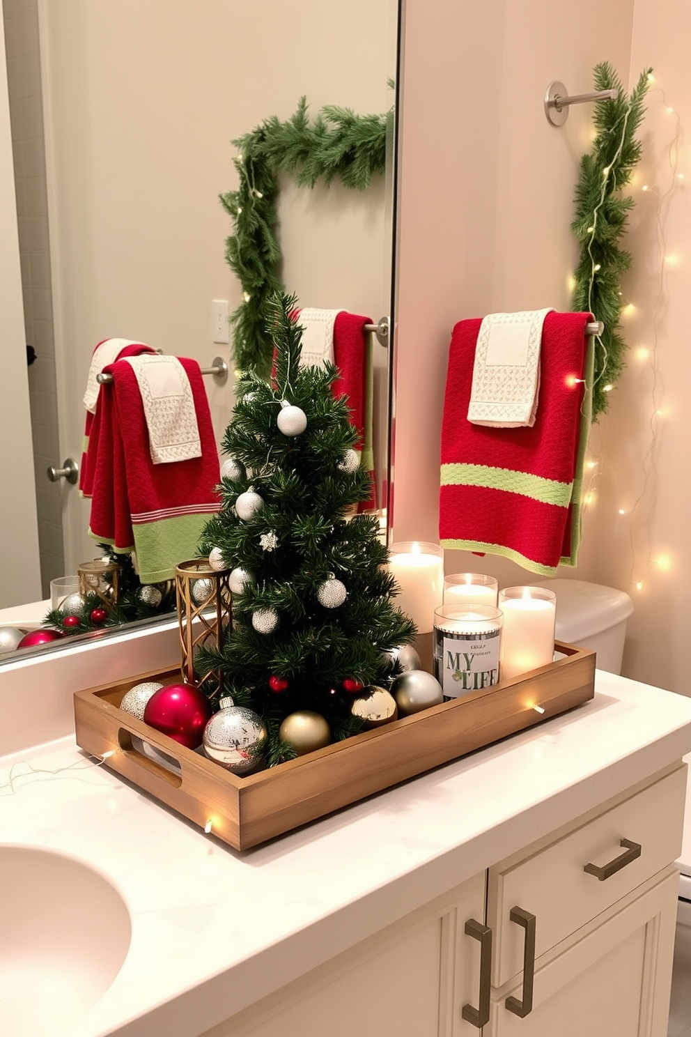 A beautifully arranged decorative tray features an assortment of holiday decor items. The tray includes a small evergreen tree, sparkling ornaments, and scented candles, creating a festive centerpiece for your bathroom. The bathroom is adorned with subtle Christmas touches, such as a garland draped along the mirror and a cozy red and green towel set. Delicate fairy lights are woven around the vanity, adding a warm glow to the holiday ambiance.