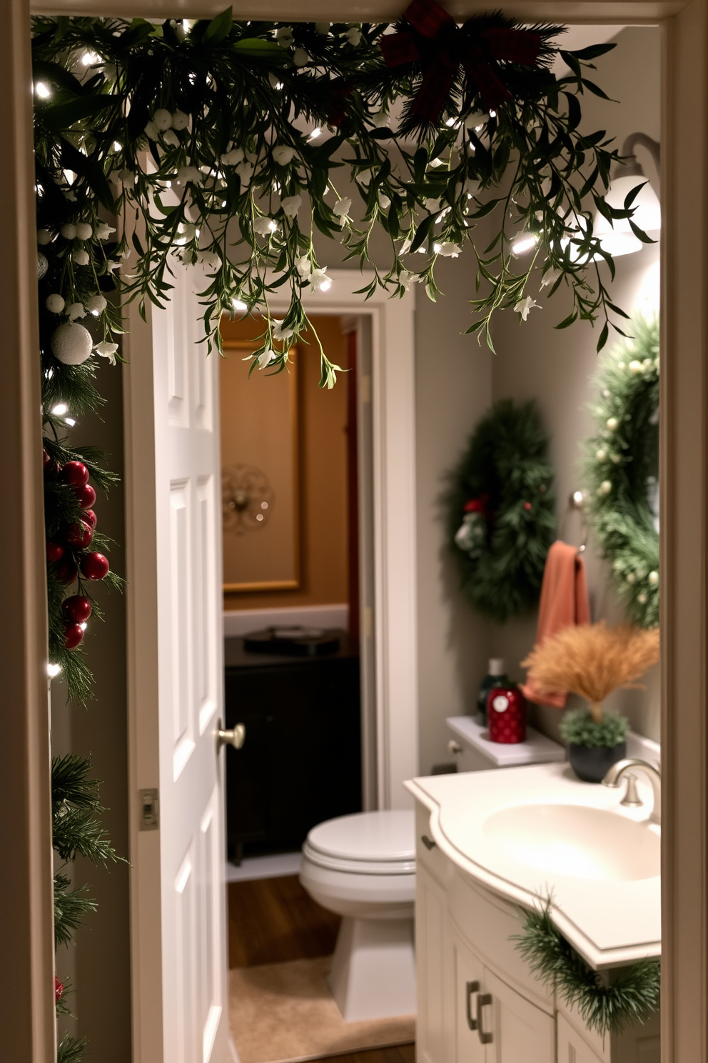 Create a cozy bathroom setting adorned with festive decorations for the holiday season. The space features a rustic wooden ladder leaning against the wall, with colorful stockings hanging from it, each filled with guest towels and small holiday treats. Incorporate a warm color palette with rich reds and greens, complemented by twinkling fairy lights strung around the mirror. Add a small Christmas tree in the corner, decorated with ornaments, and a plush rug on the floor to enhance the inviting atmosphere.