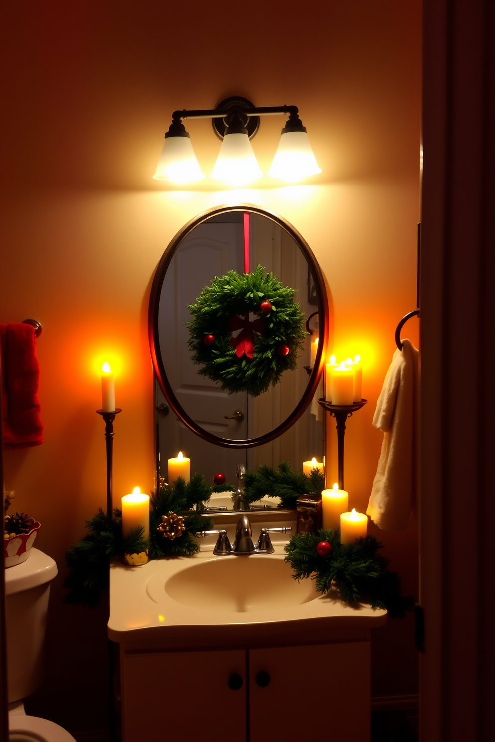 A cozy bathroom adorned with warm lighting that creates a soothing ambiance. Decorative candles are strategically placed around the room, casting a soft glow and enhancing the festive atmosphere. The space features a beautifully arranged Christmas wreath on the mirror, complemented by garlands draped along the vanity. Subtle touches of red and gold in the decor add a cheerful holiday spirit to the overall design.