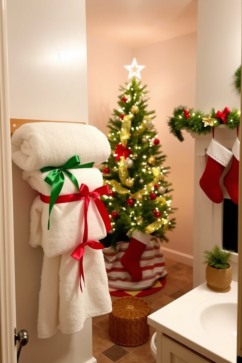 A festive bathroom adorned with colorful ribbons tied around plush towels. The towels are neatly arranged on a wooden rack, adding a cheerful touch to the holiday decor. The space features a beautifully decorated Christmas tree in the corner, adorned with twinkling lights and ornaments. Stockings hang from a charming mantle, creating a warm and inviting holiday atmosphere.