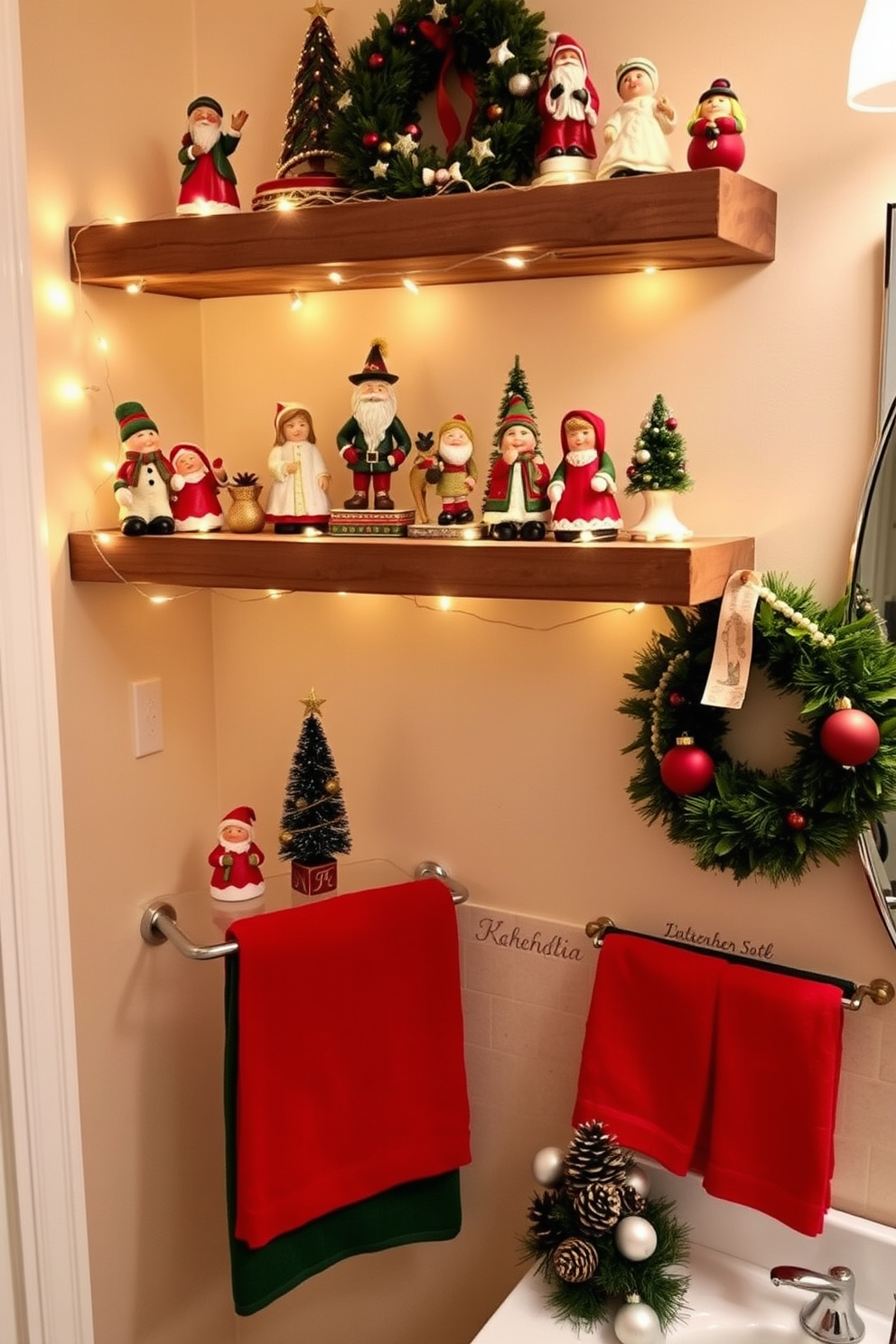 A cozy bathroom setting adorned with Christmas-themed bath bombs in various festive shapes and colors. The bath bombs are arranged artistically in a decorative basket next to a plush towel set in seasonal hues. The bathroom features elegant Christmas decorations including a small evergreen tree on the countertop and twinkling fairy lights strung along the mirror. A scented candle with a holiday fragrance adds a warm glow, creating an inviting atmosphere for relaxation.