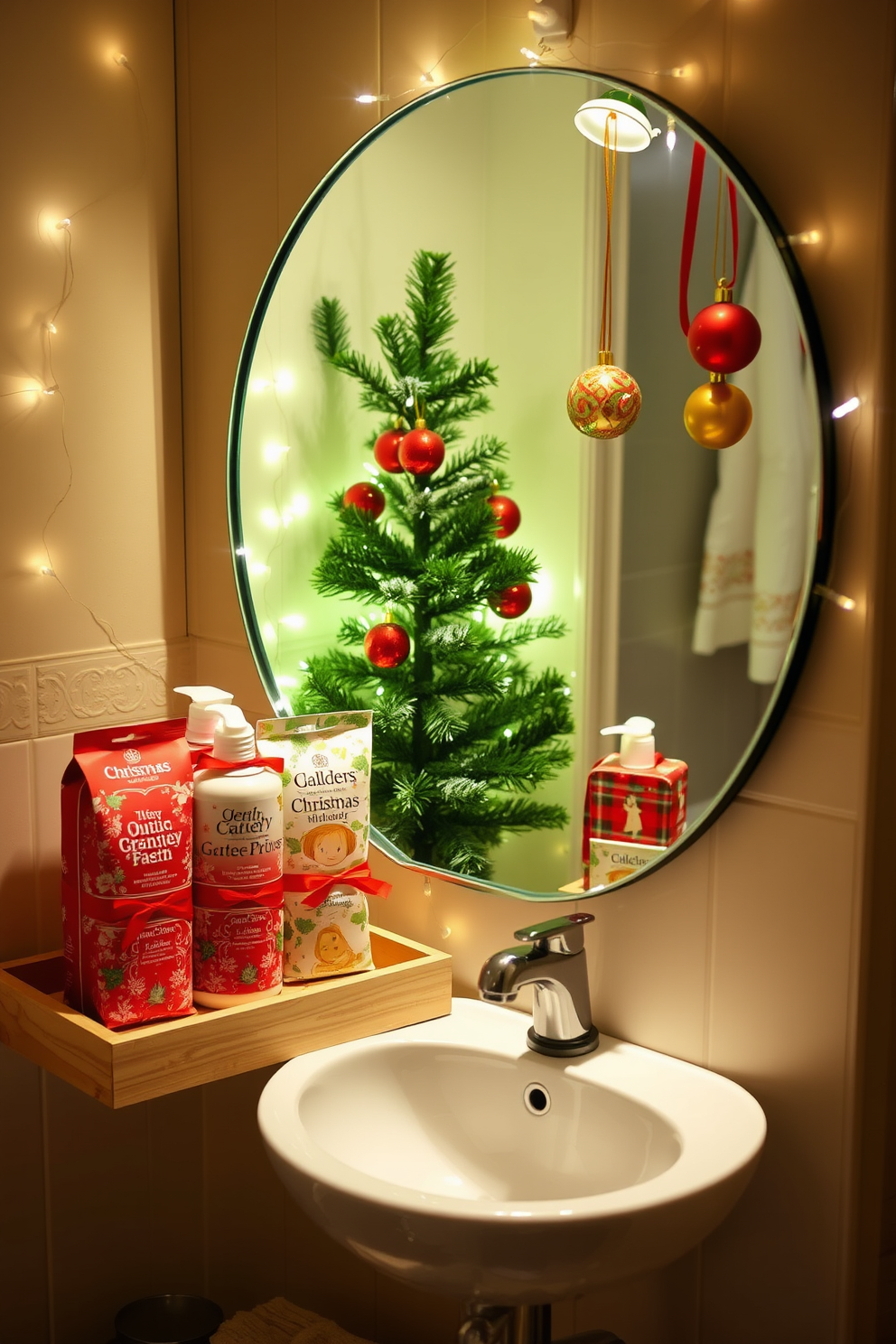 Seasonal bath products in pretty packaging are beautifully arranged on a wooden shelf. The products feature festive colors and designs, creating an inviting and cheerful atmosphere. For Christmas decorating ideas, a cozy bathroom is adorned with twinkling fairy lights and a small evergreen tree in the corner. Seasonal accents like red and gold ornaments hang from the mirror, enhancing the holiday spirit.