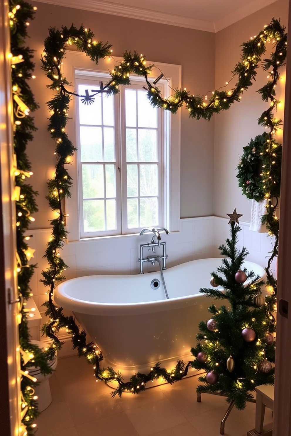 A cozy bathroom adorned with lighted garlands gracefully draped around a freestanding tub. The tub is positioned near a window, allowing natural light to illuminate the space, enhancing the festive atmosphere. Soft white lights twinkle in the garlands, creating a warm and inviting glow. Complementing the decor, a small Christmas tree sits in the corner, decorated with delicate ornaments and a star on top.