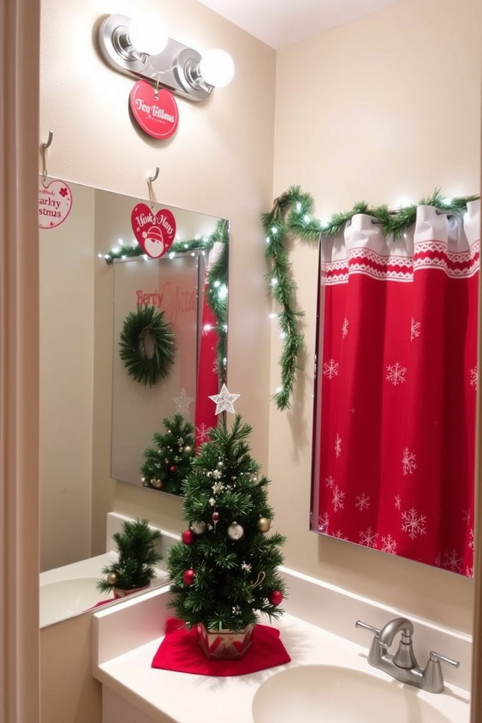 A festive bathroom adorned with Christmas themed shower curtain hooks featuring cheerful designs like snowflakes and Santa Claus. The shower curtain is a rich red with white accents, complementing the holiday spirit while adding a touch of warmth to the space. Decorative elements include a small Christmas tree placed on the countertop and garlands draped over the mirror. Soft white lights illuminate the area, creating a cozy and inviting atmosphere perfect for the holiday season.