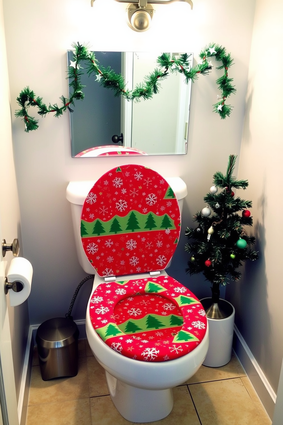 A festive holiday themed toilet seat cover adorned with red and green patterns featuring snowflakes and Christmas trees. The bathroom is decorated with garlands draped over the mirror and a small Christmas tree placed in the corner, adding a cheerful touch to the space.