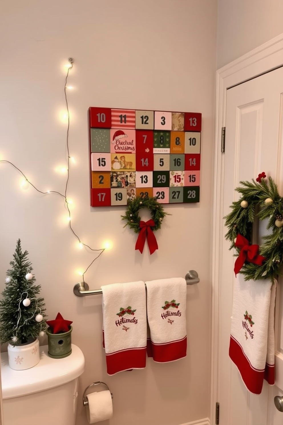 An advent calendar is beautifully displayed on the wall, featuring a mix of festive colors and textures that enhance the holiday spirit. Surrounding the calendar are twinkling fairy lights and seasonal decorations that create a warm and inviting atmosphere in the bathroom. The bathroom is adorned with subtle Christmas decorations, including a small evergreen tree in the corner and holiday-themed towels hanging neatly. A charming wreath made of natural elements is placed on the door, adding a touch of festive cheer to the space.