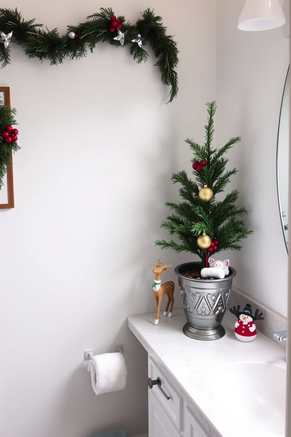 A festive advent calendar is elegantly displayed on the bathroom wall, featuring a mix of colorful fabric pockets and twinkling fairy lights. The calendar adds a touch of holiday cheer to the serene space, complementing the soft white towels and seasonal decorations. The bathroom is adorned with subtle Christmas decorations, including a small evergreen arrangement on the vanity and a wreath hanging on the door. Delicate ornaments are scattered around the countertop, enhancing the cozy and inviting atmosphere of the room.