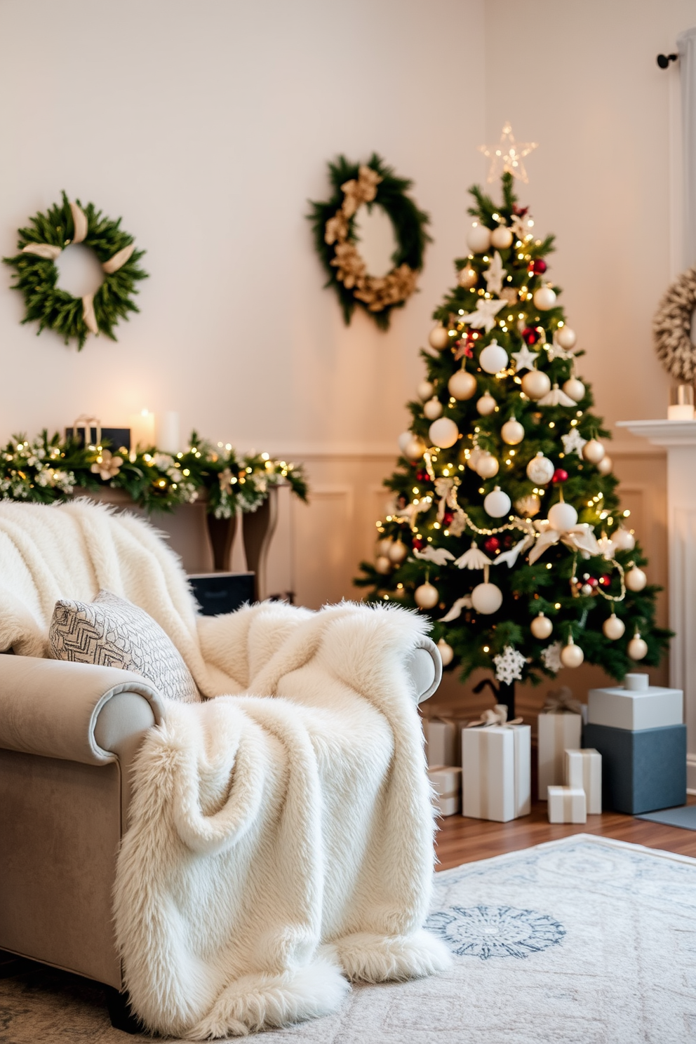 A cozy living room adorned with a soft faux fur throw draped over a plush armchair. The throw adds warmth and texture to the space, inviting relaxation during the winter months. A beautifully decorated Christmas tree stands in the corner, adorned with twinkling lights and elegant ornaments. Surrounding the tree, festive decorations enhance the holiday spirit throughout the room.