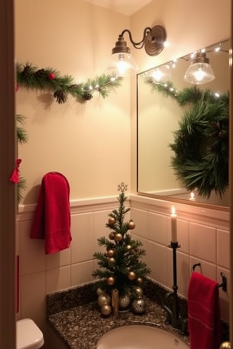 A festive bathroom setting featuring a red and white striped shower curtain that adds a cheerful touch. The space is adorned with Christmas decorations including a small evergreen tree on the countertop and twinkling fairy lights draped around the mirror.