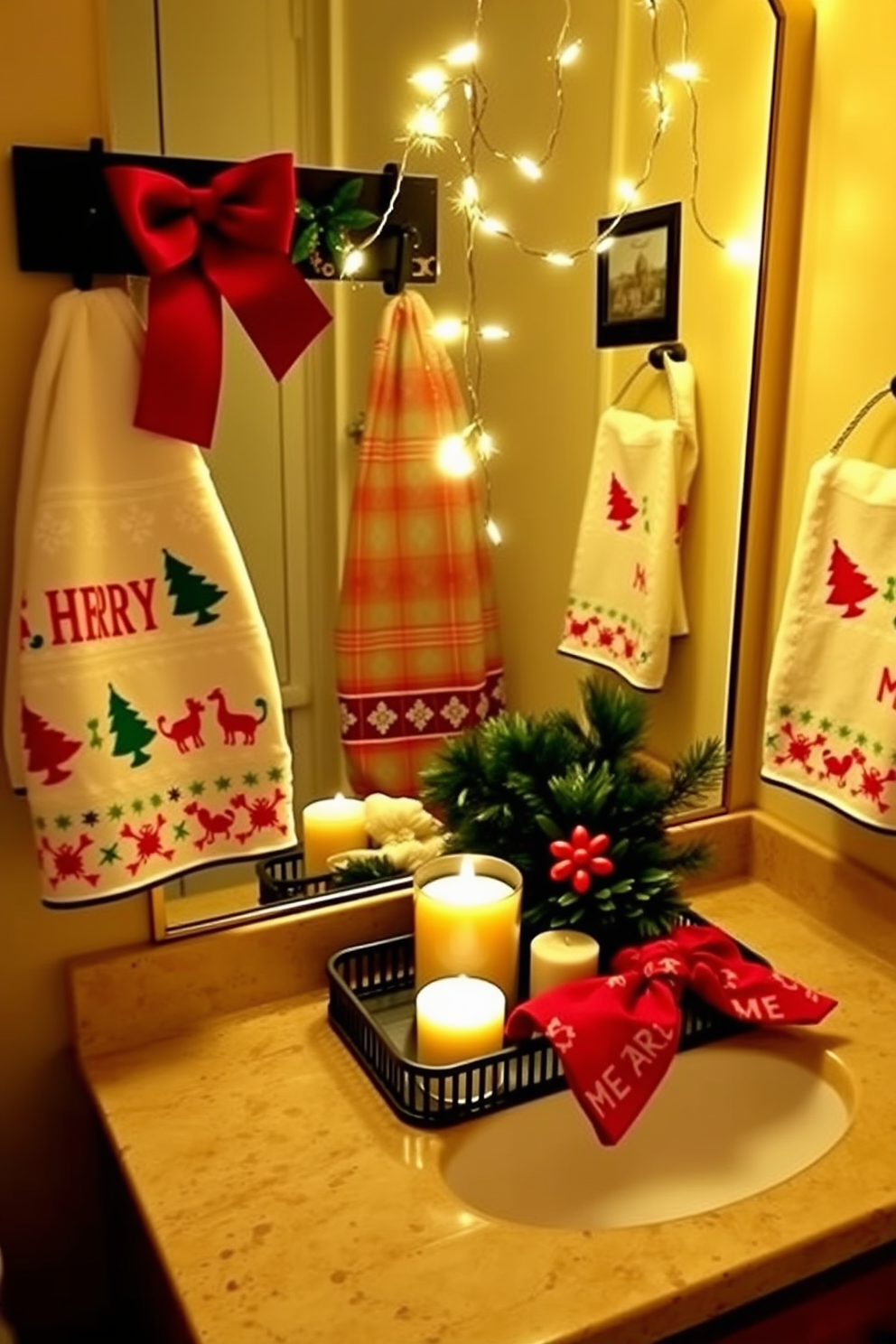 A cozy bathroom setting adorned with holiday themed hand towels and washcloths. The towels feature festive patterns in red and green, adding a cheerful touch to the space. On the countertop, a decorative tray holds scented candles and a small evergreen arrangement. Twinkling fairy lights are draped around the mirror, enhancing the warm and inviting atmosphere.