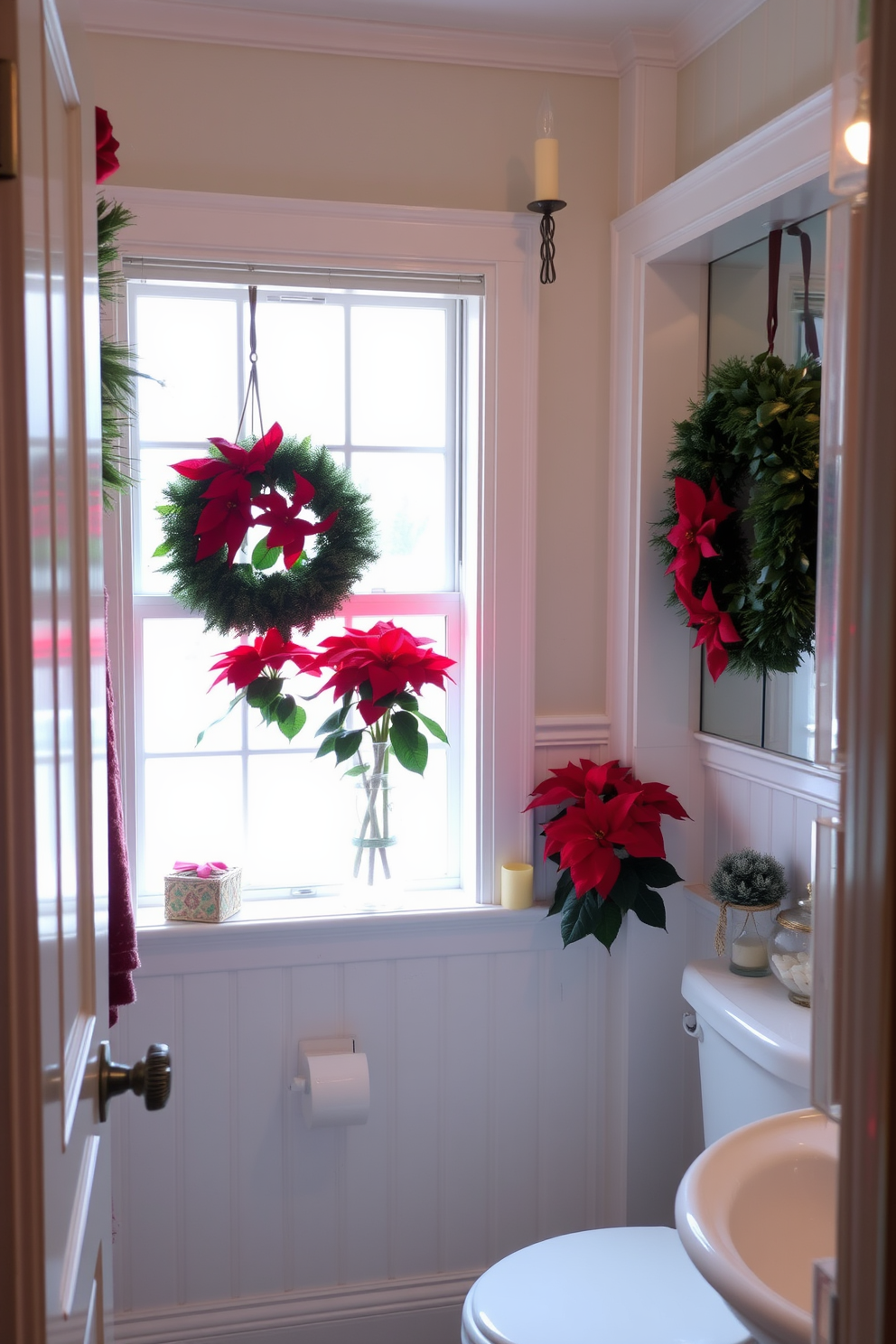 A cozy bathroom adorned with seasonal plants like vibrant poinsettias arranged on the windowsill. The space features festive decorations, including a wreath on the door and soft, warm lighting that enhances the holiday spirit.