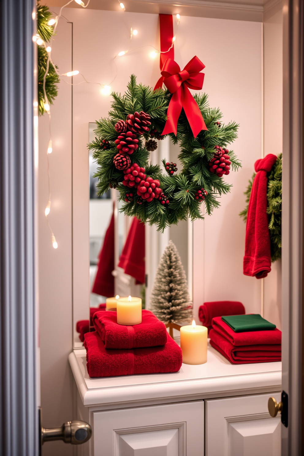 A festive Christmas wreath adorned with pinecones and red berries hangs on the bathroom door. The wreath is complemented by soft white fairy lights that add a warm glow to the space. Inside the bathroom, a small arrangement of holiday-themed decor sits on the vanity, featuring a miniature Christmas tree and scented candles in festive colors. Plush towels in deep red and green are neatly arranged, enhancing the holiday spirit throughout the room.