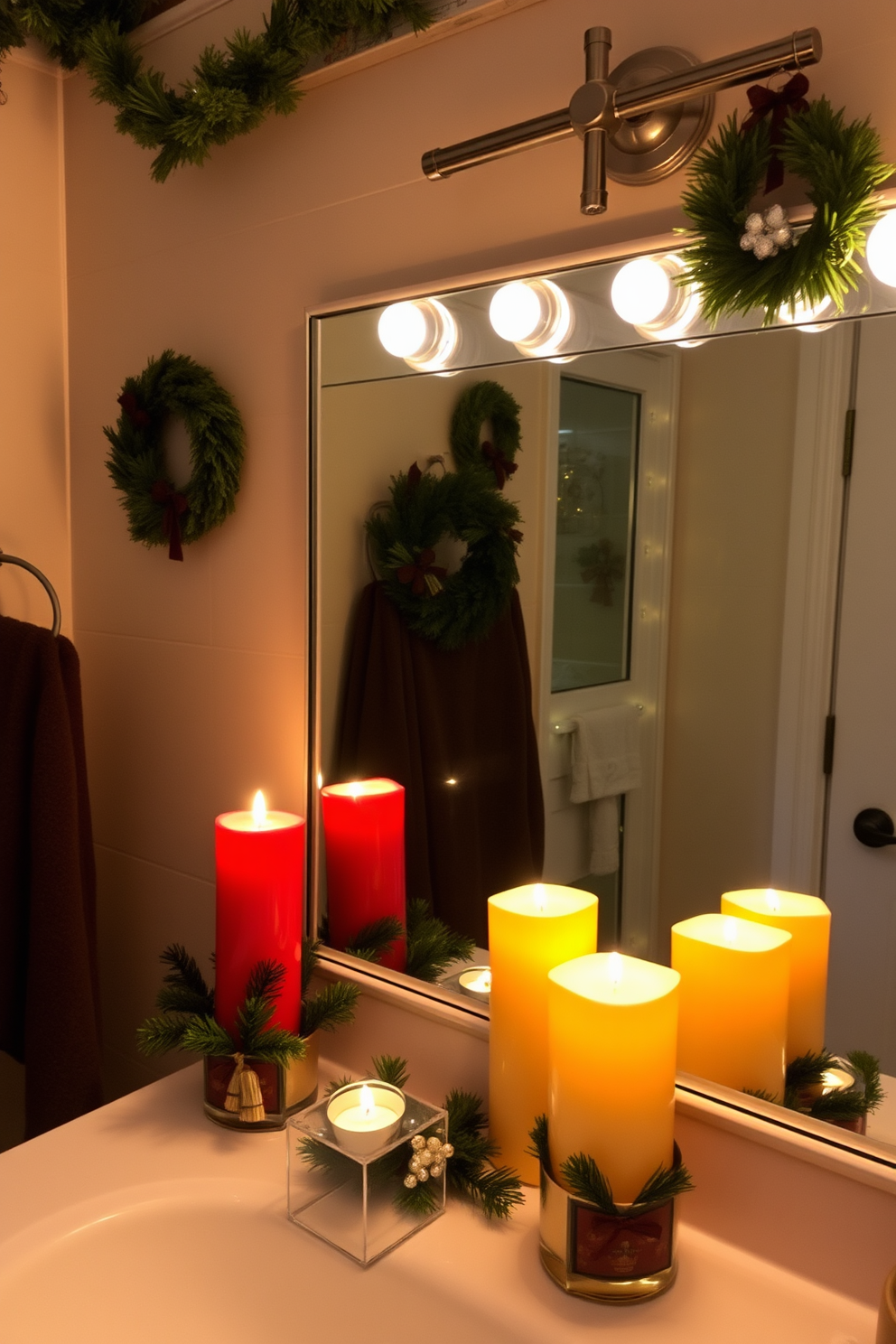 A cozy bathroom setting adorned with scented pine candles that emit a warm and inviting glow. The candles are placed on a wooden shelf above the sink, surrounded by festive decorations like small pine branches and twinkling fairy lights. The walls are draped with soft white towels featuring subtle holiday patterns. A touch of red and green decor is incorporated through decorative soap dispensers and a festive bath mat, creating a cheerful Christmas ambiance.