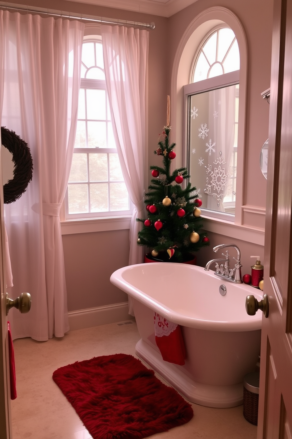 A cozy bathroom adorned with festive holiday garlands draped elegantly around the towel racks. The space is filled with warmth and cheer, featuring soft lighting and seasonal decorations that create a welcoming atmosphere.