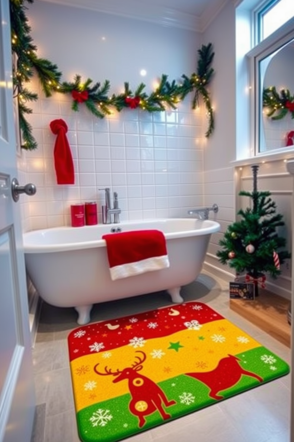 A cozy bathroom adorned with a festive Christmas theme. The bath mat features a vibrant design with snowflakes and reindeer, creating a cheerful atmosphere. The walls are decorated with garlands of pine and twinkling fairy lights. A small Christmas tree sits in the corner, adding a touch of holiday spirit to the space.