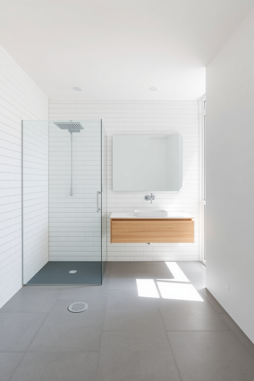 A modern minimalist bathroom features sleek white tile walls that create a clean and airy atmosphere. The space is designed with a floating vanity in light wood and a large frameless mirror that reflects natural light, enhancing the feeling of openness. The flooring consists of large gray tiles that complement the simplicity of the design. A glass shower enclosure with a rainfall showerhead adds a touch of luxury while maintaining the minimalist aesthetic.