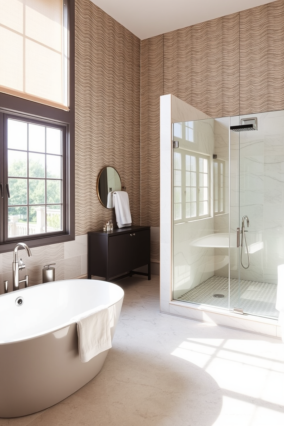 Textured wallpaper adds a layer of sophistication to the bathroom, creating visual interest and depth. The design features a soft, neutral palette with subtle patterns that complement the overall aesthetic. Incorporating elegant fixtures, such as a freestanding soaking tub and a modern shower with glass doors, enhances the luxurious feel. Natural light floods the space through large windows, illuminating the rich textures and finishes throughout the room.