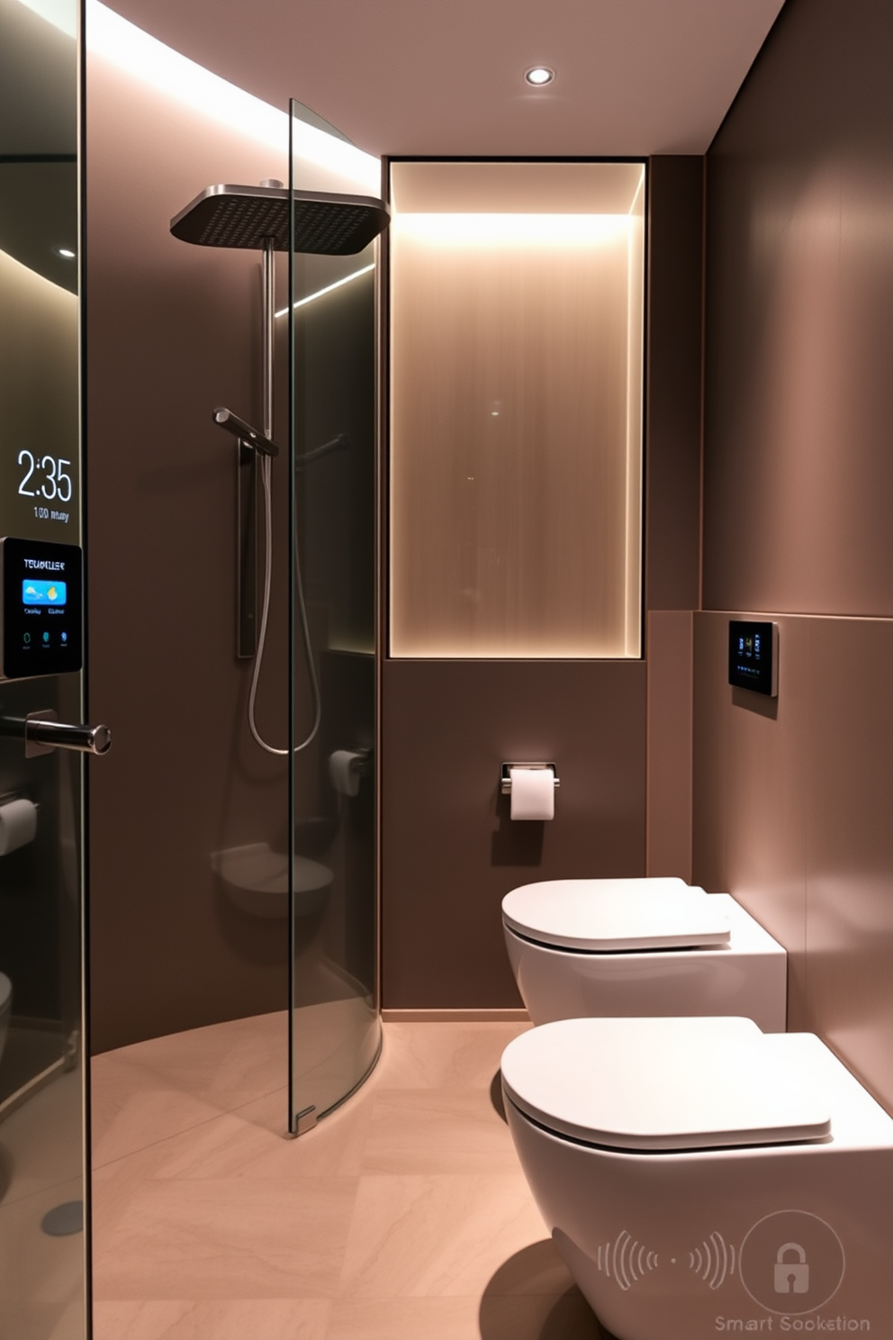 A modern smart bathroom featuring a sleek touchless faucet and a digital shower control panel. The walls are adorned with smart mirrors that display the time and weather, while ambient lighting adjusts automatically based on the time of day. The flooring consists of heated tiles for comfort, and a smart toilet with bidet functionality is seamlessly integrated. A built-in sound system plays soothing music, enhancing the overall relaxation experience.