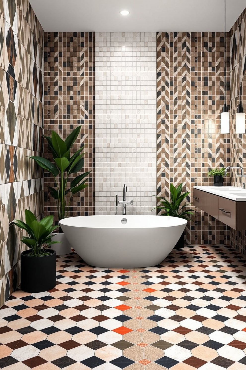 A modern bathroom featuring geometric tile patterns on the floor and walls that create a striking visual interest. The tiles are in a mix of bold colors and shapes, enhancing the overall aesthetic of the space. The room includes a sleek freestanding tub positioned centrally, surrounded by plants for a touch of greenery. A minimalist vanity with a large mirror reflects the vibrant tile work, adding depth to the design.