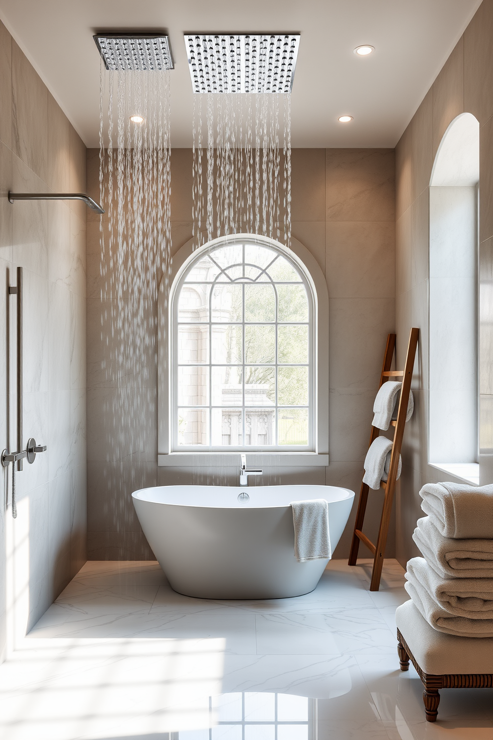 A luxurious bathroom featuring a rainfall showerhead that cascades water from above creating a spa-like experience. The walls are adorned with large format tiles in soft neutral tones, and the floor is finished with elegant marble. In the center, a freestanding soaking tub sits beneath a large window, inviting natural light to fill the space. Soft, plush towels are neatly arranged on a nearby wooden ladder, adding warmth to the serene atmosphere.