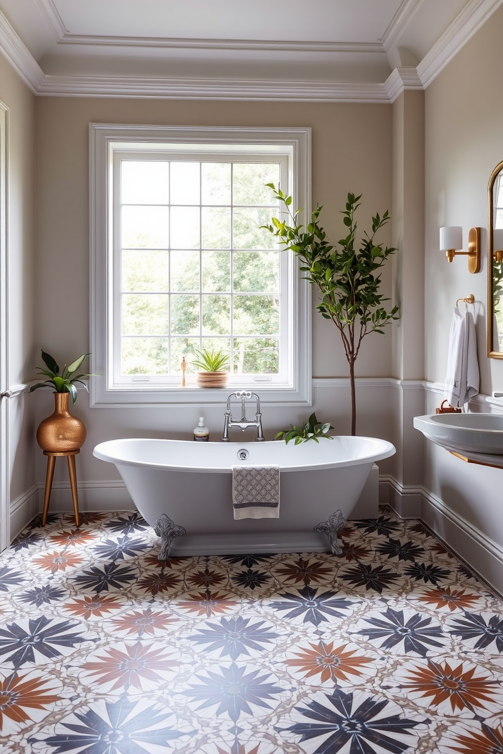 A striking bathroom featuring bold patterned floor tiles that create a dramatic focal point. The walls are adorned with a soft neutral color, complementing the vibrant tiles and enhancing the overall elegance of the space. A freestanding bathtub sits gracefully in the corner, surrounded by stylish accessories and greenery. Above the tub, a large window allows natural light to flood the room, accentuating the stunning design elements.