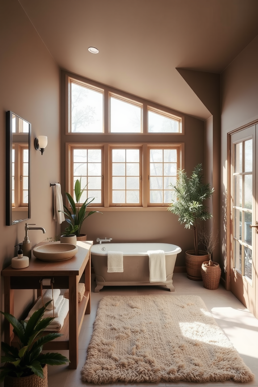 A serene bathroom retreat featuring earthy tones that evoke a calming atmosphere. The walls are painted in a soft taupe, complemented by a rustic wooden vanity with a natural stone sink. Large windows allow natural light to flood the space, enhancing the warm hues of the decor. A plush beige rug lies underfoot, while potted plants add a touch of greenery and tranquility.