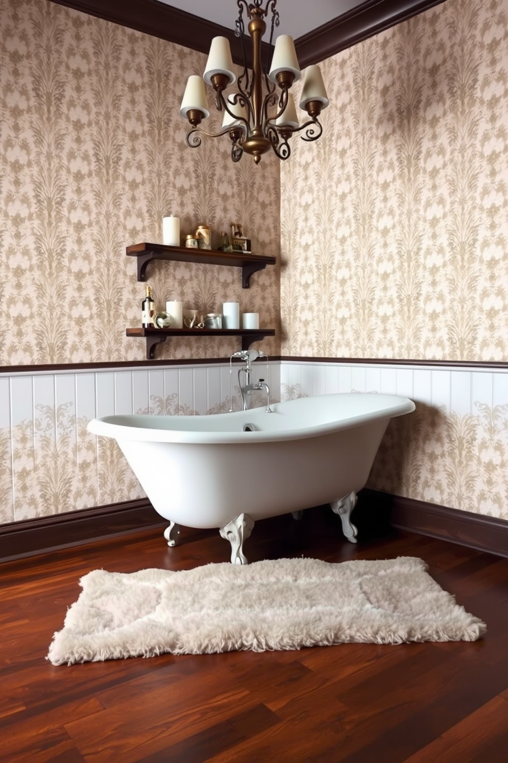 A vintage clawfoot tub serves as the centerpiece of the bathroom, elegantly positioned on a rich hardwood floor. The walls are adorned with intricate wallpaper featuring floral patterns, complemented by a vintage chandelier that casts a warm glow. Surrounding the tub are rustic wooden shelves filled with neatly arranged bath essentials and decorative candles. A plush area rug in soft pastels lies beneath the tub, adding a touch of comfort and luxury to the space.