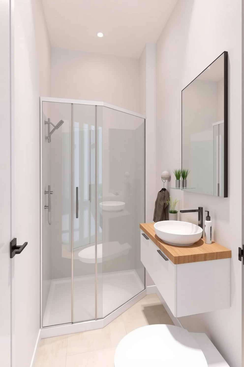 A compact bathroom design that maximizes space while maintaining style. Features include a corner shower with glass doors, a floating vanity with a single sink, and wall-mounted storage solutions. The walls are painted in a light neutral color to create an illusion of space. A large mirror above the vanity reflects light, and decorative elements like small plants add a touch of warmth.