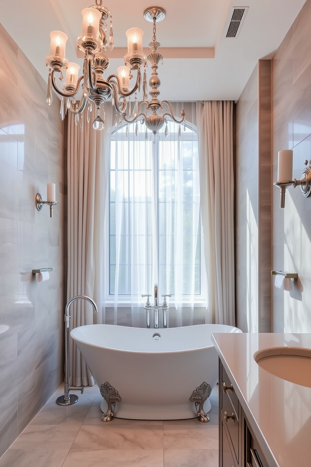 A luxurious bathroom setting with elegant fixtures that exude sophistication. The space features a freestanding soaking tub positioned under a large window with sheer curtains allowing natural light to filter in. The walls are adorned with soft gray tiles that create a serene atmosphere. A stylish chandelier hangs from the ceiling, complementing the polished chrome faucets and hardware throughout the room.