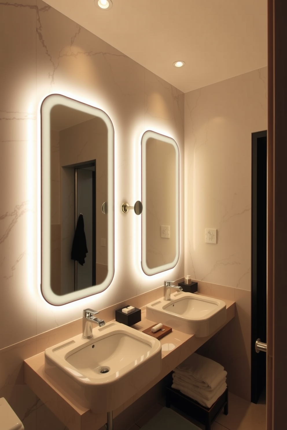 A stylish bathroom featuring accent lighting around the mirrors to create a warm and inviting atmosphere. The walls are adorned with elegant tiles, and the overall color scheme combines soft neutrals with bold accents for a modern touch.