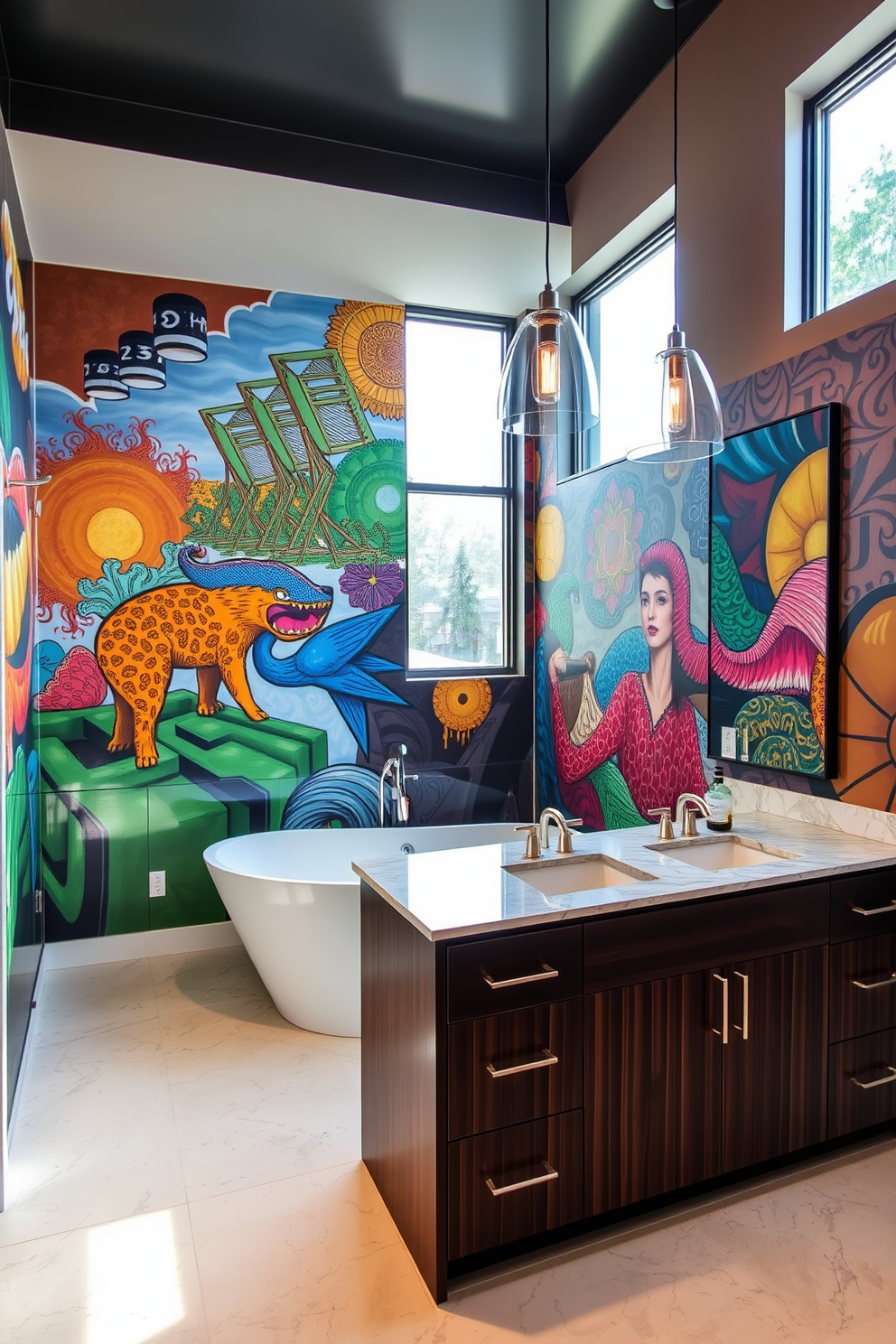 Artistic murals adorn the walls, showcasing vibrant colors and intricate designs that reflect the homeowner's unique personality. The space features a freestanding soaking tub positioned under a large window, allowing natural light to flood the room. A sleek double vanity with a dark wood finish complements the artistic theme, topped with a stunning quartz countertop. Elegant pendant lights hang above the vanity, casting a warm glow over the artistic elements in the bathroom.