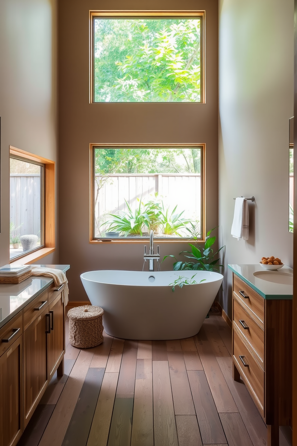 A serene bathroom retreat featuring sustainable materials such as bamboo for cabinetry and recycled glass for the countertop. The walls are adorned with natural clay paint in soft earth tones, and the floor is finished with reclaimed wood planks. A freestanding soaking tub made from eco-friendly materials sits gracefully in the center, surrounded by lush greenery. Natural light floods the space through large windows, enhancing the tranquil ambiance with a view of a small garden outside.