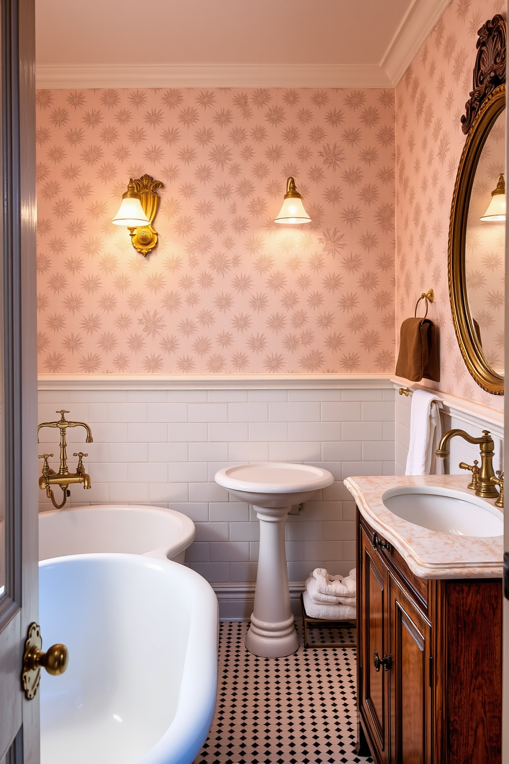 A vintage-inspired bathroom featuring classic fixtures that evoke a nostalgic charm. The space includes a clawfoot bathtub, a pedestal sink, and brass faucets that add warmth and character. The walls are adorned with patterned wallpaper in soft pastel tones, complemented by a wooden vanity with an antique finish. A round mirror with a decorative frame hangs above the sink, while vintage light fixtures illuminate the room softly.