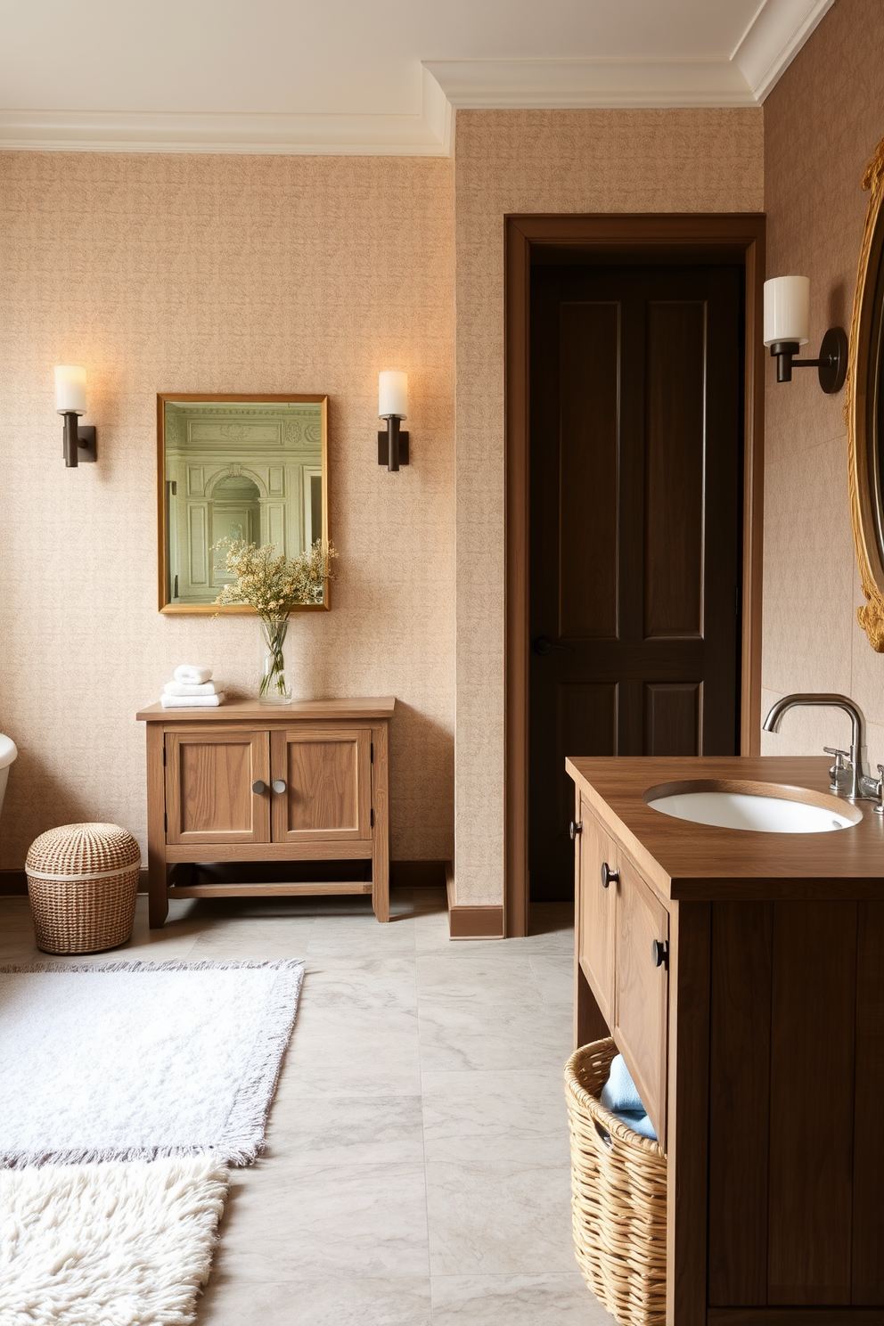 A cozy bathroom retreat featuring layered textures that create warmth and comfort. The walls are adorned with soft, neutral-toned wallpaper, while a plush area rug lies beneath a freestanding soaking tub. Natural wood elements are incorporated through a rustic vanity with a textured finish and a woven basket for storage. Ambient lighting from wall sconces casts a soft glow, enhancing the inviting atmosphere of the space.