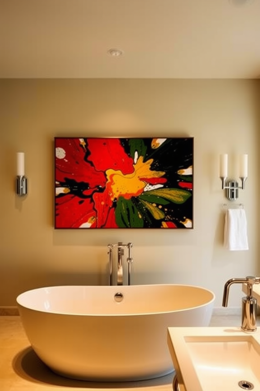 A striking piece of bold artwork hangs on the wall, serving as the focal point of the bathroom. The surrounding decor complements the artwork with a sleek freestanding tub and modern fixtures that enhance the overall aesthetic. The walls are painted in a soft neutral tone to allow the artwork to stand out. Elegant lighting fixtures illuminate the space, creating a warm and inviting atmosphere while showcasing the vibrant colors of the artwork.