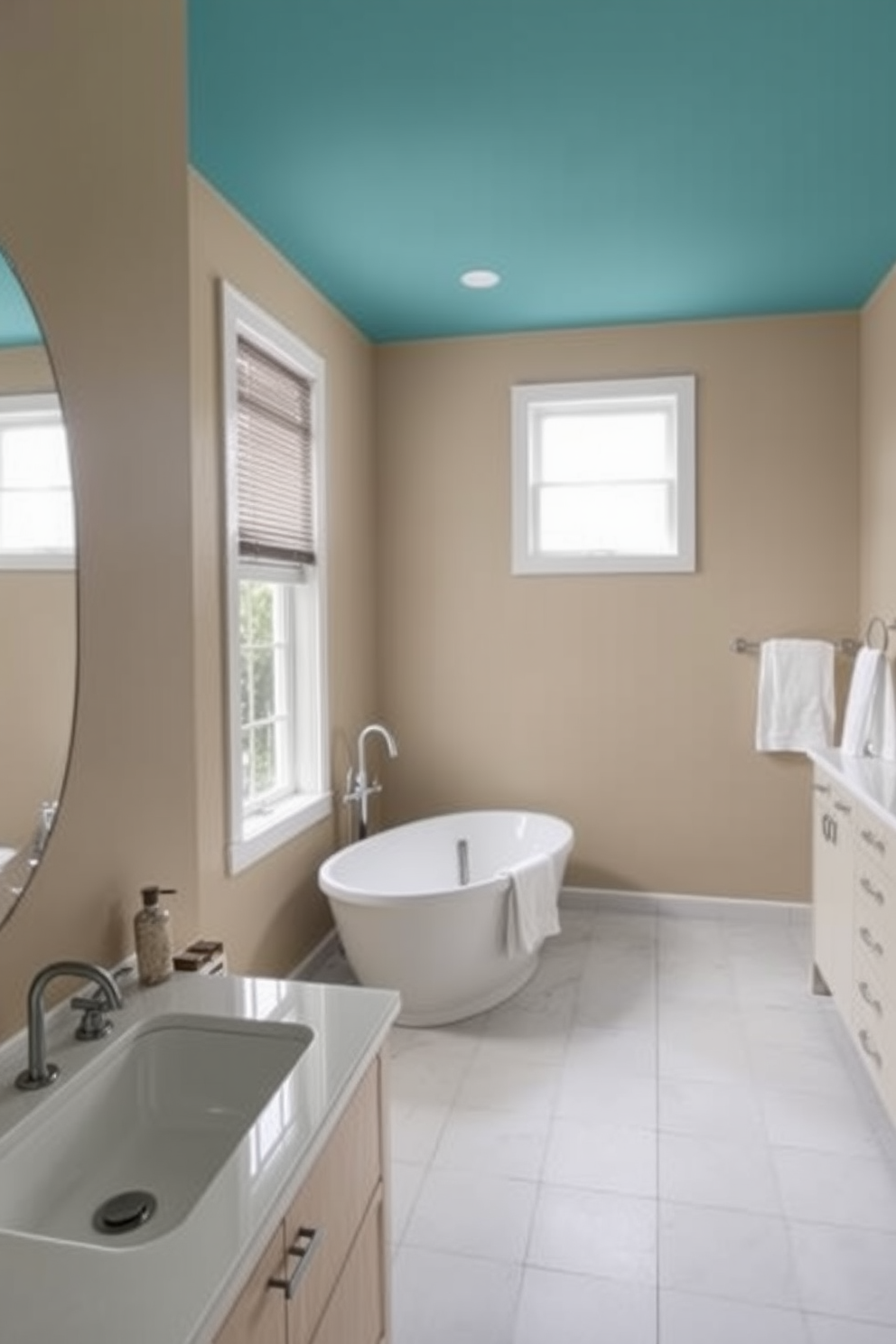 A bold colored accent wall in a contemporary bathroom creates a striking focal point. The rest of the walls are painted in a soft neutral tone to enhance the vibrancy of the accent color. The bathroom features a freestanding soaking tub positioned near a window with natural light pouring in. Stylish fixtures and a sleek vanity complement the overall modern aesthetic while adding functionality.