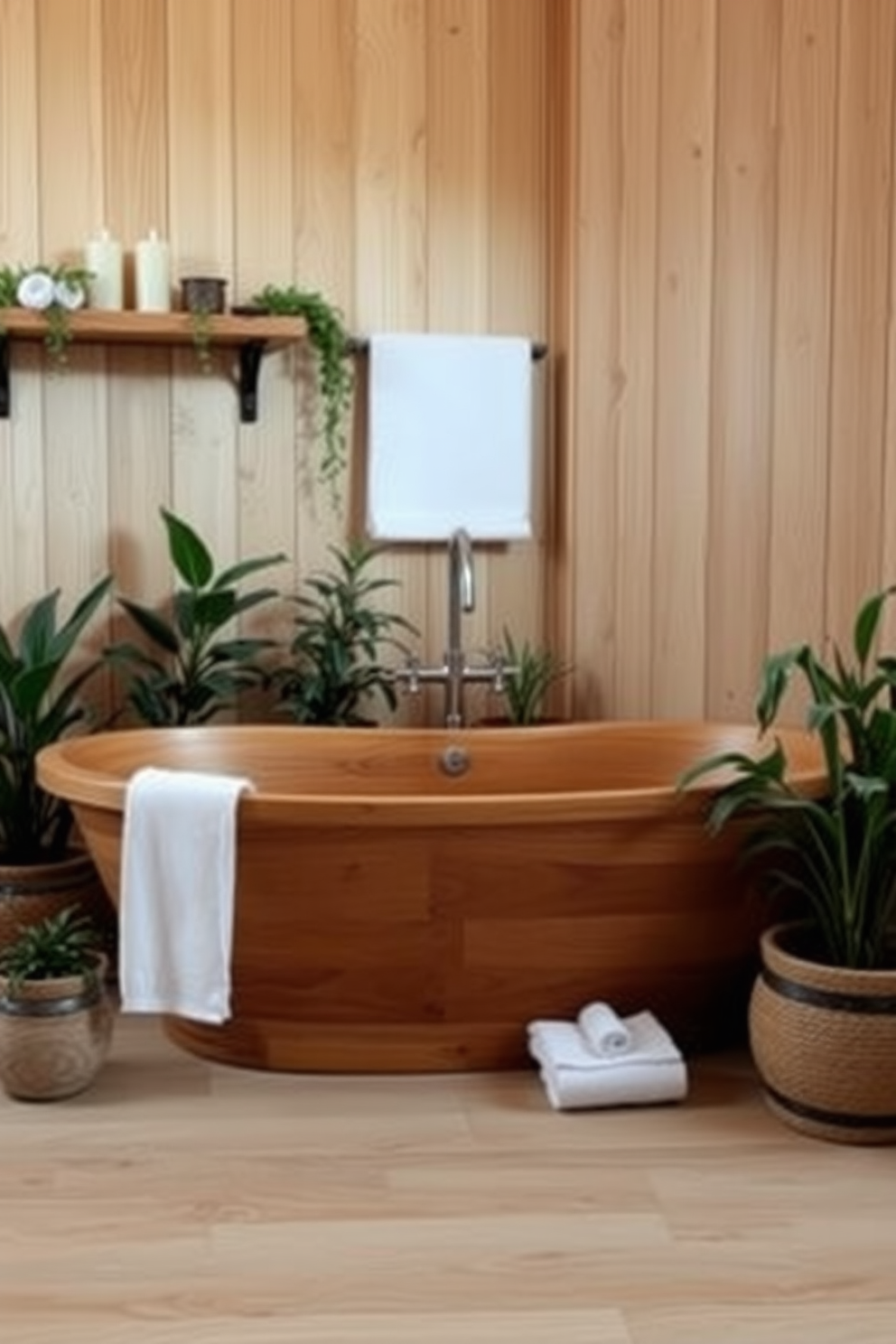 A serene bathroom setting featuring natural wood elements that bring warmth and comfort. The design includes a freestanding wooden bathtub surrounded by potted plants, creating a tranquil oasis. The walls are adorned with light wood paneling that enhances the organic feel of the space. A wooden shelf holds neatly rolled towels and decorative candles, adding a touch of elegance.