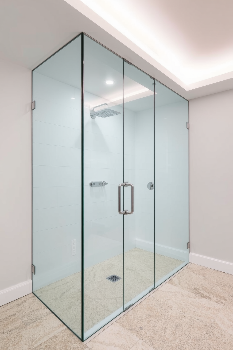 A sleek glass shower enclosure design featuring frameless glass panels that create an open and airy feel. The shower is equipped with a rainfall showerhead and minimalist chrome fixtures, set against a backdrop of large-format white tiles. The floor is adorned with textured stone tiles for added grip and visual interest. Soft LED lighting is integrated into the ceiling to enhance the serene atmosphere of the space.