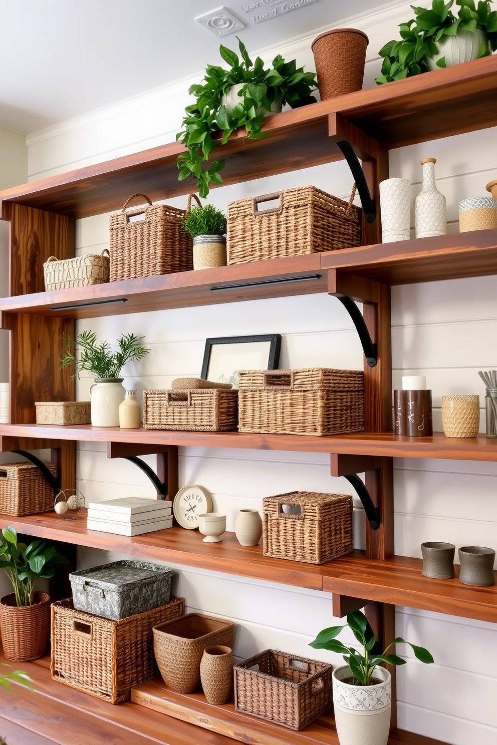 Open shelving for stylish storage solutions. The shelves are made of reclaimed wood and are filled with neatly arranged baskets and decorative boxes. A backdrop of soft white shiplap enhances the rustic charm. Potted plants and curated decor items add a touch of warmth and personality to the space.