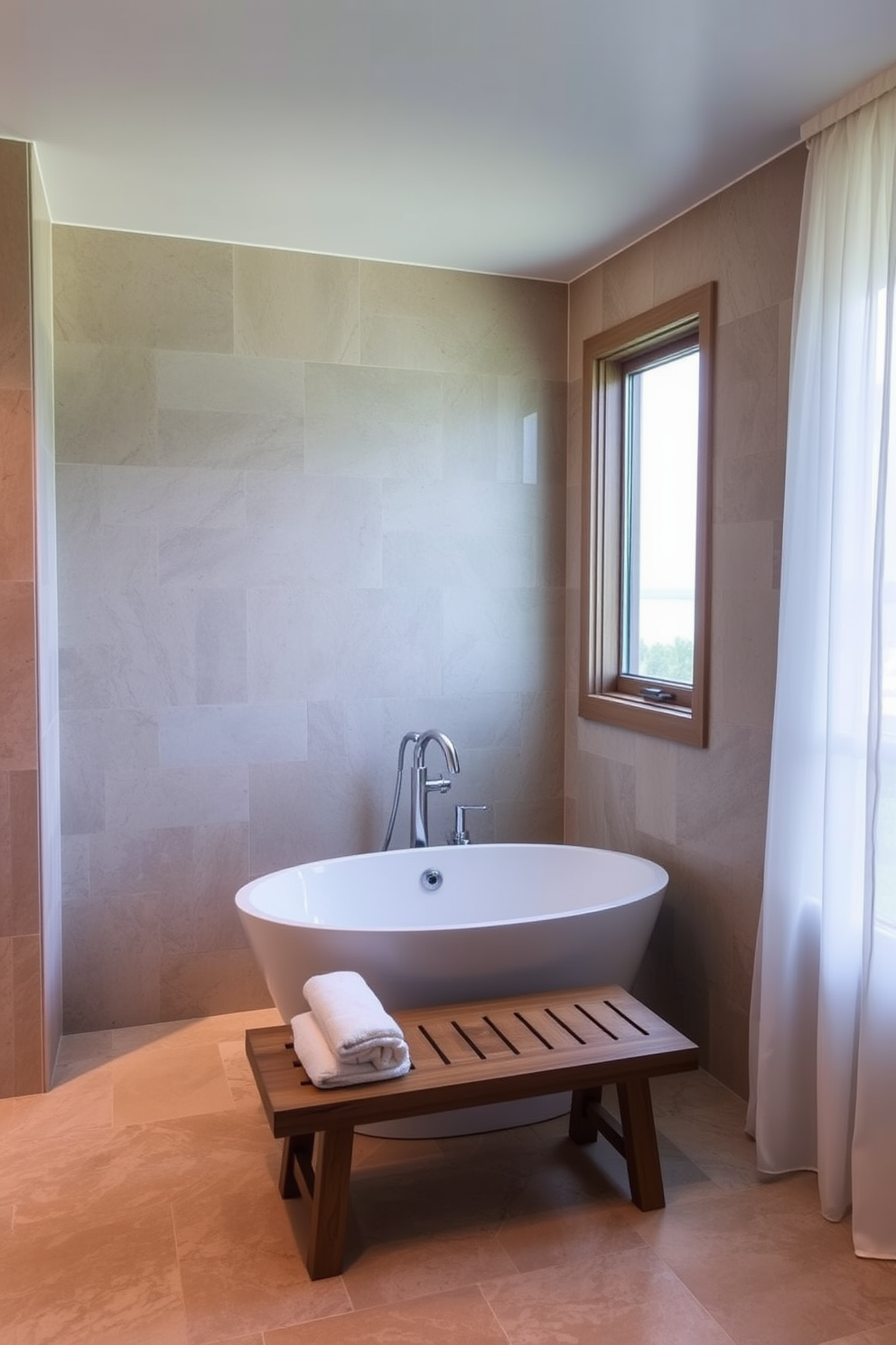 A spa-like ambiance with soft lighting envelops the bathroom. The walls are adorned with natural stone tiles, and a freestanding soaking tub sits gracefully in the corner. A large window allows natural light to filter in, complemented by sheer white curtains. A wooden bench with plush towels rests beside the tub, creating a serene retreat.