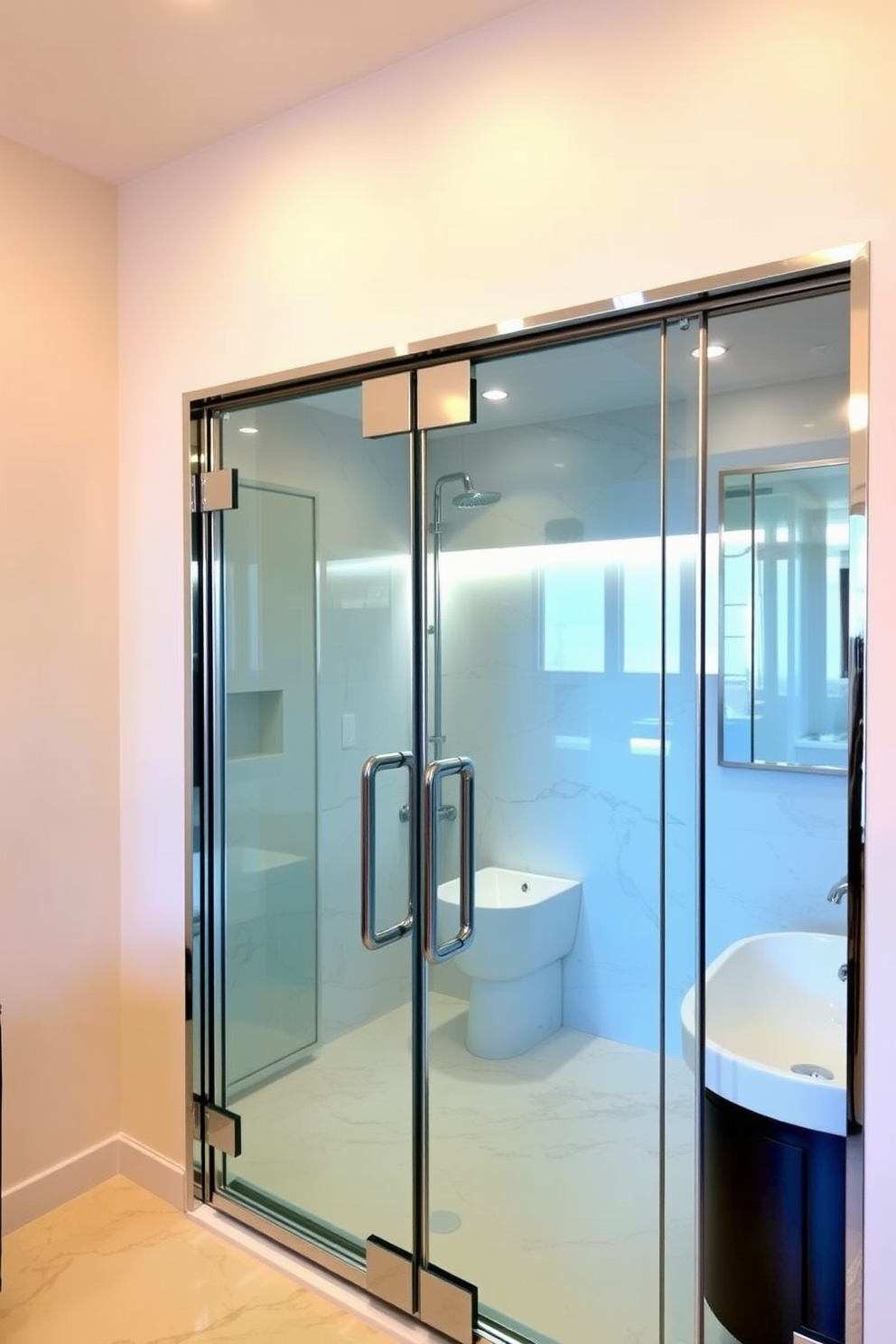 A contemporary bathroom featuring a glass door with sleek metal frame accents. The door opens to reveal a luxurious space adorned with modern fixtures and elegant finishes.