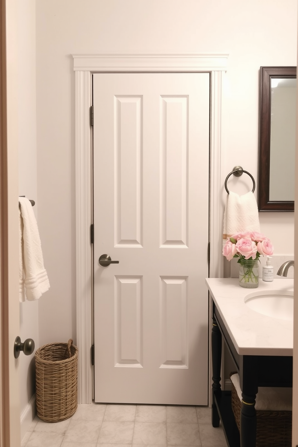 A shaker style bathroom door with a classic design adds a touch of casual elegance to the space. The door features clean lines and a simple paneling that complements the overall aesthetic of a relaxed and inviting bathroom.