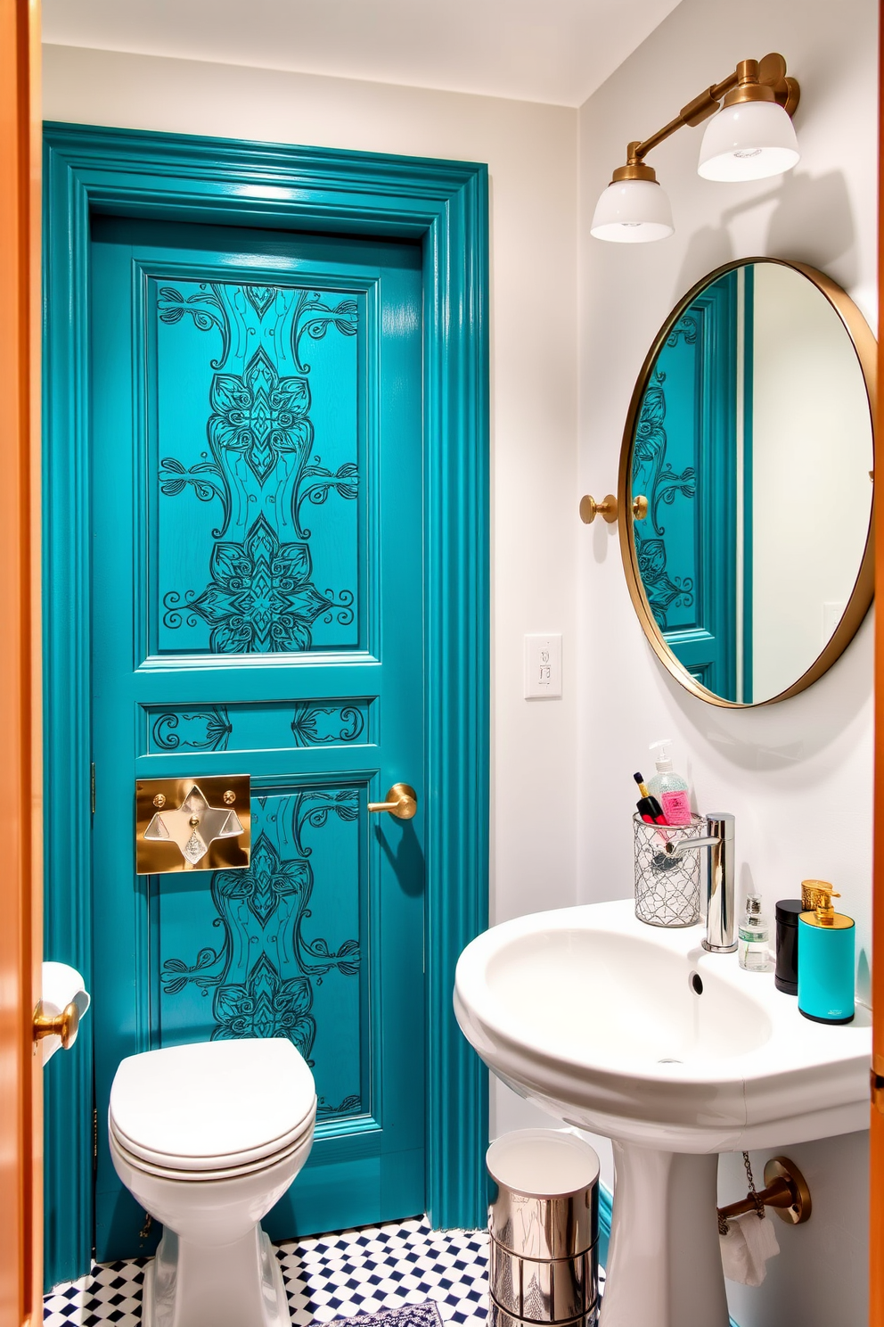 A vibrant painted door adds a striking pop of color to the bathroom, creating an inviting focal point. The door features a rich turquoise hue, perfectly contrasting with the soft white walls and enhancing the overall aesthetic of the space. The design incorporates intricate patterns that reflect a playful yet sophisticated style. This eye-catching element not only elevates the bathroom's charm but also complements the modern fixtures and accessories throughout the room.