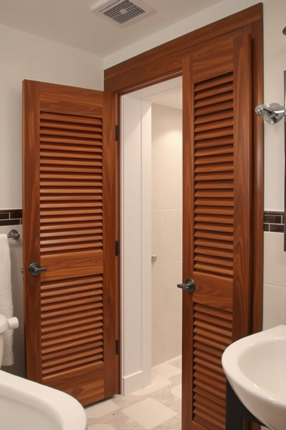 A bold red door serves as a striking focal point in this contemporary bathroom design. The door contrasts beautifully with soft neutral tones throughout the space, enhancing the overall aesthetic. The bathroom features sleek lines and modern fixtures that complement the dramatic entrance. Elegant lighting fixtures and stylish accessories add a touch of sophistication to this inviting setting.