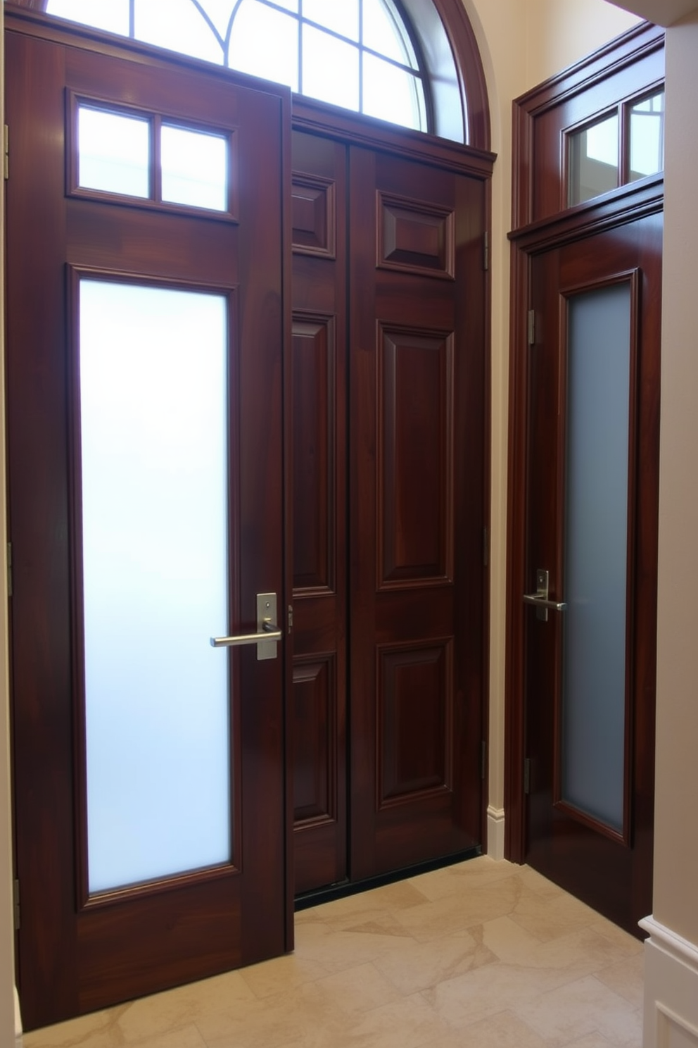 A stunning entrance featuring double doors made of rich mahogany with intricate carvings. The doors are flanked by elegant sidelights that allow natural light to illuminate the foyer. The bathroom doors are designed with frosted glass panels that provide privacy while adding a modern touch. Each door features a sleek, minimalist handle in brushed nickel, enhancing the contemporary aesthetic.