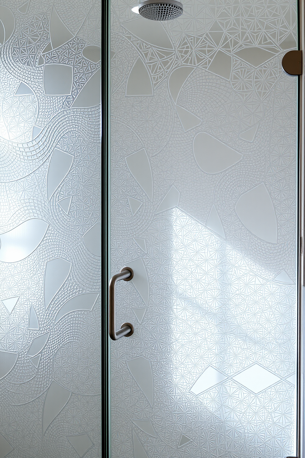 A textured glass door serves as a striking focal point in a contemporary bathroom. The door features intricate patterns that play with light, creating a dynamic visual effect while maintaining privacy. This design idea combines elegance and functionality, making it an ideal choice for modern spaces. The frosted finish enhances the overall aesthetic while allowing natural light to filter through.