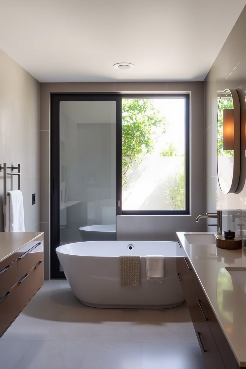 A modern bathroom featuring a sliding glass door that opens up to a serene outdoor space. The door allows natural light to flood the room, creating an airy and open atmosphere. Incorporate sleek bathroom door design ideas that complement the overall aesthetic. Consider minimalist styles with clean lines and a neutral color palette for a sophisticated look.