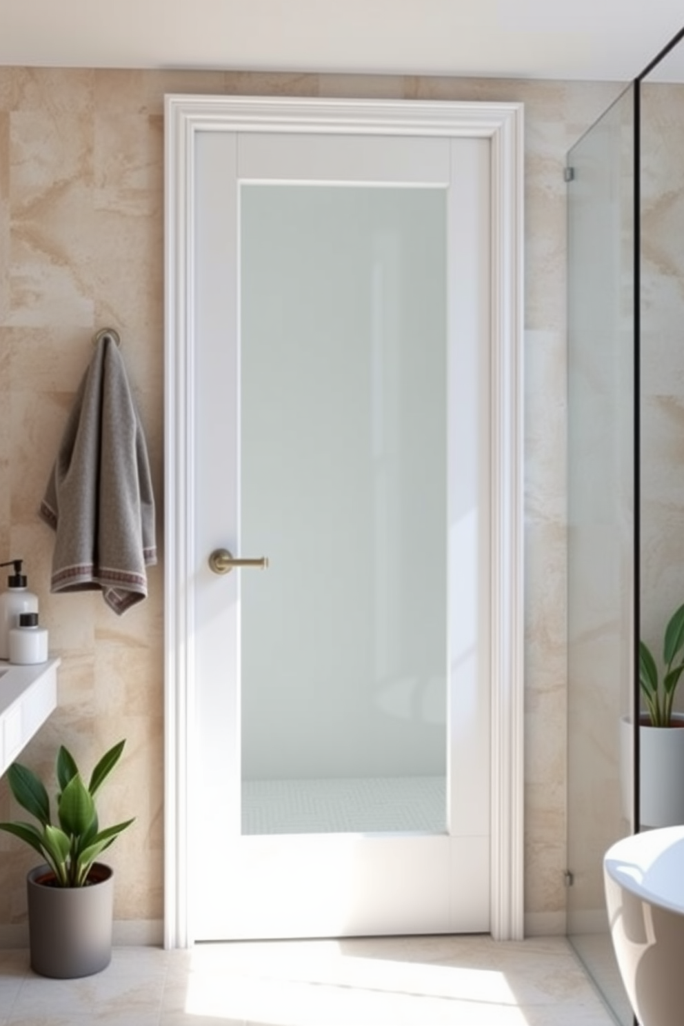 A modern vinyl door designed for moisture resistance stands elegantly in a stylish bathroom. The door features a sleek finish and is complemented by contemporary hardware that enhances its functionality and aesthetic appeal. Surrounding the door, the bathroom showcases a harmonious blend of tiles in soft hues that reflect natural light. Decorative elements such as potted plants and minimalist accessories create a serene atmosphere, perfect for relaxation.