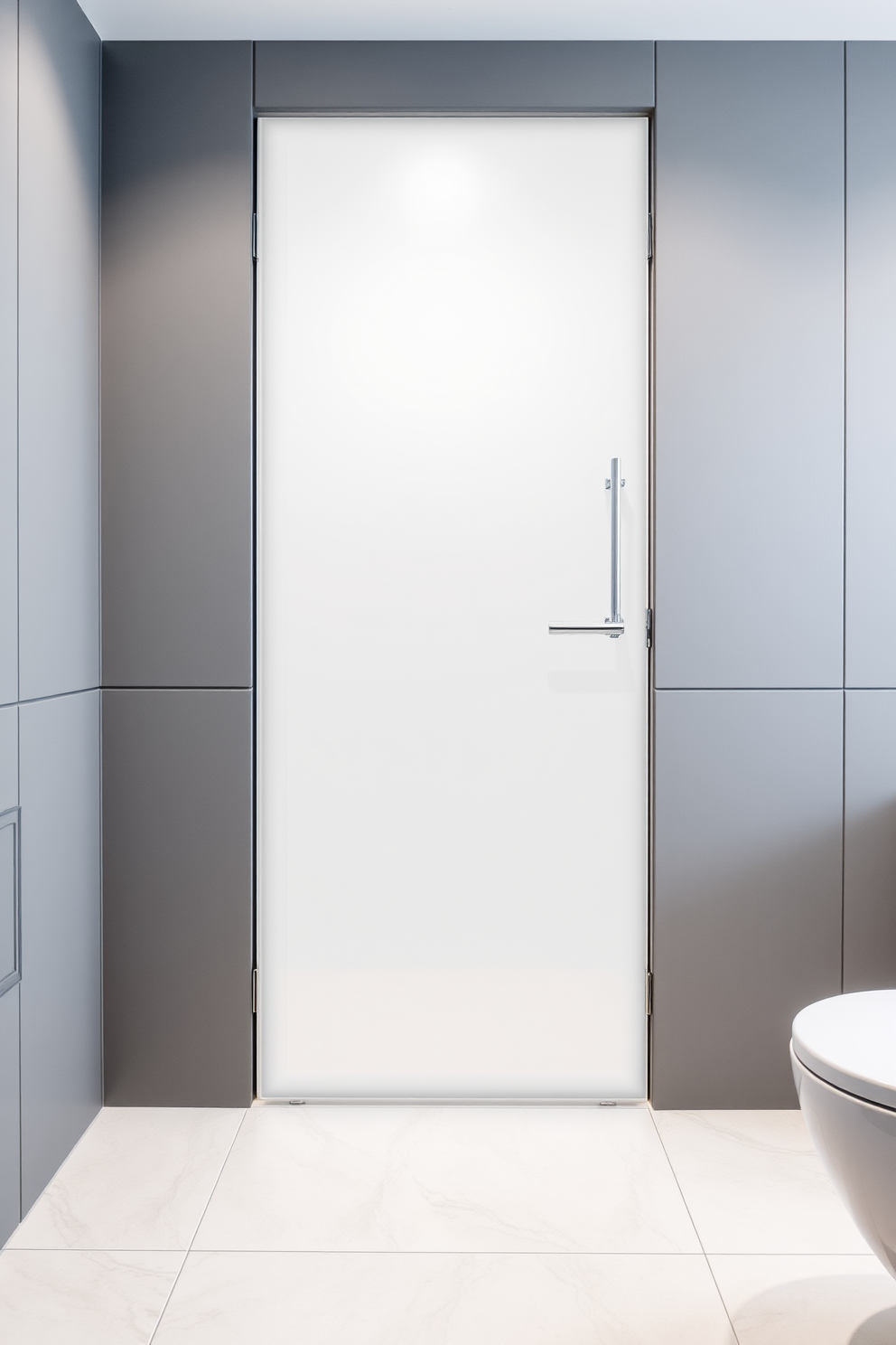 A frosted glass door stands elegantly, providing privacy while allowing soft light to filter through. The door features a sleek, minimalist design with a polished metal handle, complementing the modern aesthetic of the bathroom. Surrounding the door are stylish wall panels in a subtle gray tone, enhancing the overall sophistication. The flooring showcases large, light-colored tiles that create a seamless transition into the rest of the space.