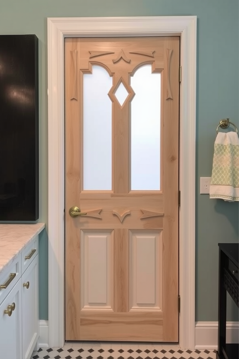 A custom-designed door features intricate woodwork and a unique geometric pattern that adds a personalized touch to the space. The door is painted in a soft pastel hue that complements the overall color scheme of the bathroom, making it a focal point of the design. The bathroom doors design ideas include options with frosted glass panels that allow natural light to filter through while maintaining privacy. Additionally, hardware finishes such as brushed nickel or antique brass can enhance the door's aesthetic appeal and tie in with other design elements in the room.